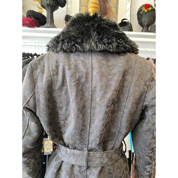 vintage y2k coat black brocade faux fur collar medium 1960s style gothic jacket - Picture 9 of 11